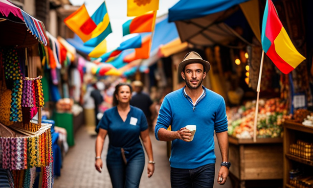 An image showcasing a vibrant market scene, with bustling stalls adorned with colorful flags and signs, offering an array of fresh Yerba Mate