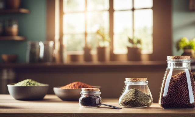 An image showcasing a vibrant, cozy kitchen with a wooden countertop adorned with an assortment of Yerba Mate tea bags in various flavors, neatly arranged in sleek glass jars