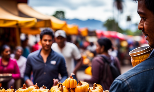 An image showcasing a vibrant, bustling marketplace with colorful stalls adorned with gourd-shaped Yerba Mate containers, surrounded by enthusiastic customers sampling and purchasing the traditional South American beverage