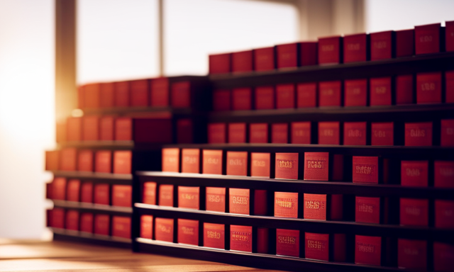 An image showcasing a serene wooden shelf adorned with neatly stacked rows of vibrant red Rooibos tea boxes, each branded with distinct labels, enticing readers to explore the world of Rooibos