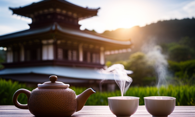 An image featuring a serene Japanese tea garden, with a traditional wooden tea house surrounded by lush green tea fields