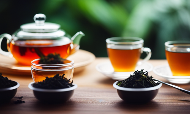 An image showcasing a vibrant online tea shop with a wide array of meticulously rolled Oolong tea leaves, beautifully arranged in glass containers, accompanied by delicate tea utensils and a serene tea tasting corner