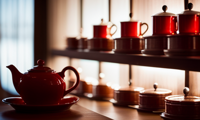 An image showcasing a tranquil tea shop with shelves lavishly adorned with vibrant red Rooibos tea boxes