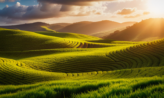 An image showcasing a serene tea plantation nestled amongst rolling hills, with lush green fields stretching towards the horizon