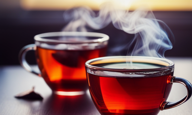 An image showcasing two steaming cups of tea side by side, one with a vibrant reddish-brown hue of honeybush tea and the other with a deep amber color of rooibos tea