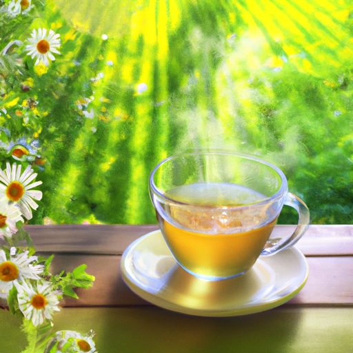 An image featuring a serene, sunlit herbal tea garden, adorned with vibrant green leaves and blooming flowers