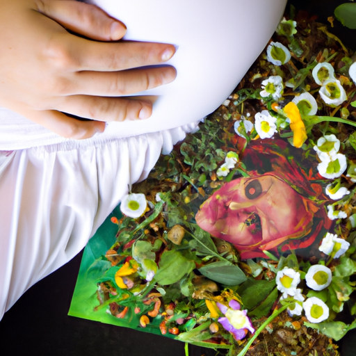 An image of a serene, expectant mother cradling her baby bump, surrounded by an array of colorful and aromatic herbal tea leaves like chamomile, ginger, raspberry leaf, and peppermint, portraying a sense of calm and reassurance