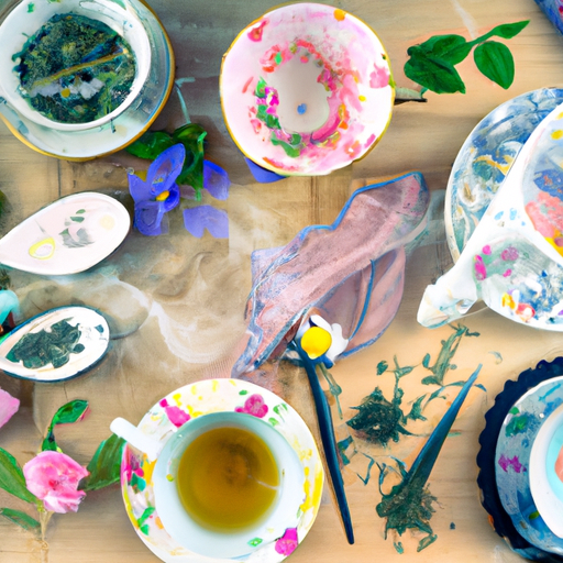 An image showcasing a rustic wooden table adorned with a variety of delicate porcelain teacups, each brimming with vibrant herbal infusions