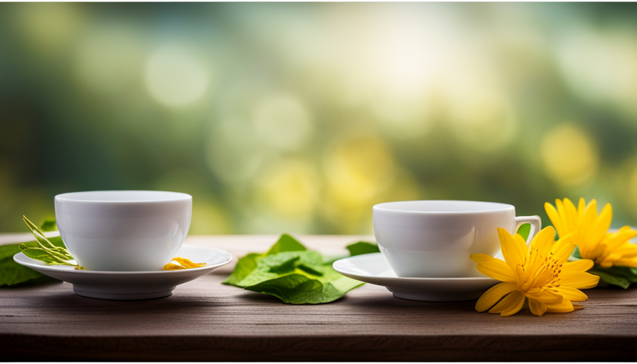 An image showcasing two delicate porcelain teacups, one filled with fragrant linden flower tea adorned with vibrant yellow petals, and the other with linden leaf tea, displaying fresh green leaves steeped in soothing hues