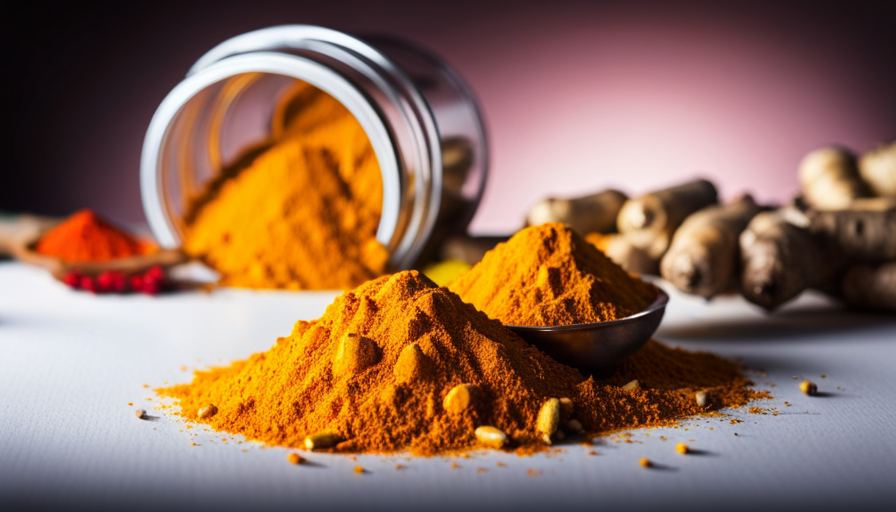 An image showcasing a vibrant yellow turmeric root and a jar of curcumin capsules side by side, surrounded by a burst of colorful spices, representing the debate on the benefits of turmeric and curcumin for inflammation