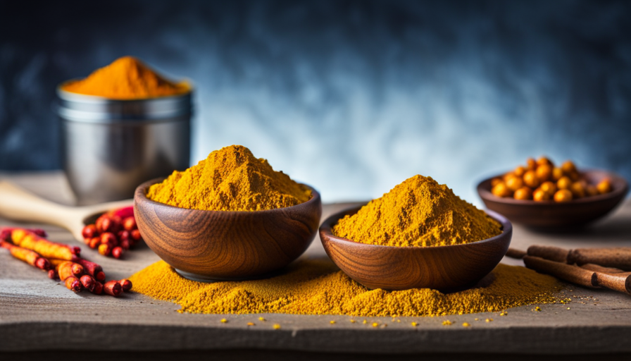 An image showcasing a vibrant yellow turmeric root and a jar of curcumin capsules side by side, surrounded by a burst of colorful spices, representing the debate on the benefits of turmeric and curcumin for inflammation