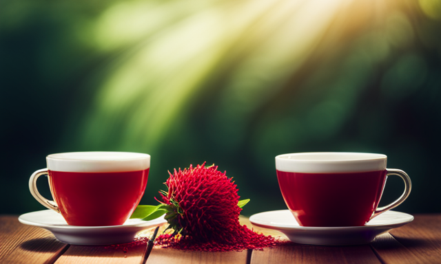 An image showcasing two identical teacups filled with vibrant red and green Rooibos tea, their rich hues contrasting against a backdrop of lush tea leaves