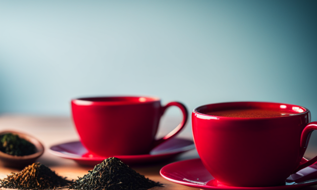 An image showcasing two vibrant teacups, one filled with rich crimson Red Rooibos tea, the other with refreshing emerald Green Rooibos tea