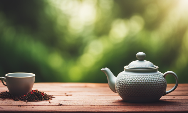 An image that showcases a serene and lush tea garden, with two teacups side by side—one filled with vibrant green tea and the other with rich red Rooibos tea—inviting viewers to ponder which brew they prefer