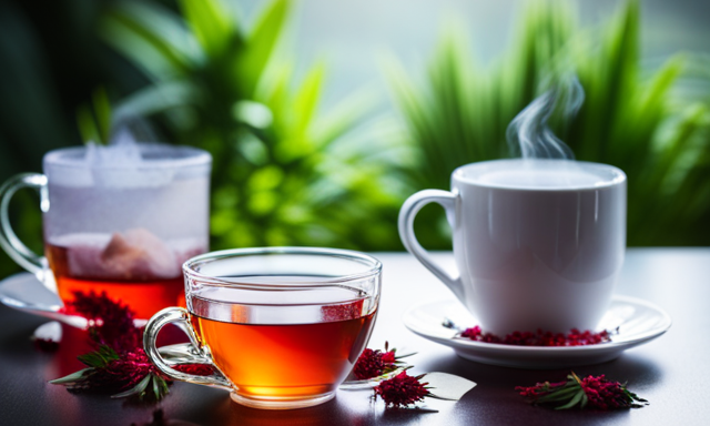 An image showcasing two steaming cups of tea side by side, one filled with rich amber-colored honeybush tea, and the other with vibrant red rooibos tea