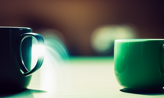 An image showcasing two vibrant mugs, one filled with rich, dark coffee, the other with a vibrant green yerba mate