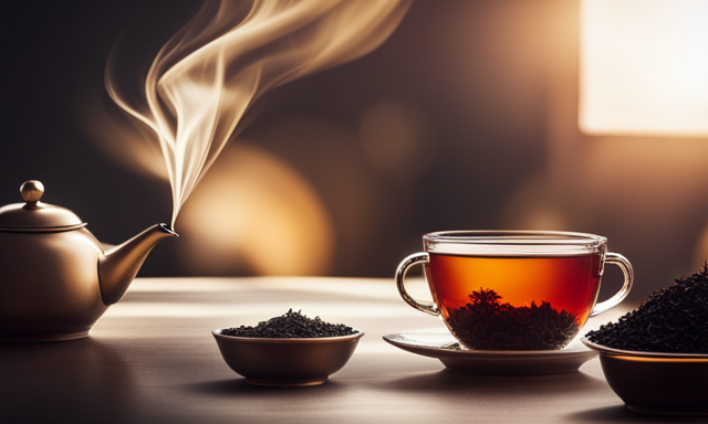 An image showcasing two steaming cups of tea, one filled with rich, dark black tea, exuding a bold aroma, while the other cup holds a golden-hued oolong tea, emanating a delicate fragrance