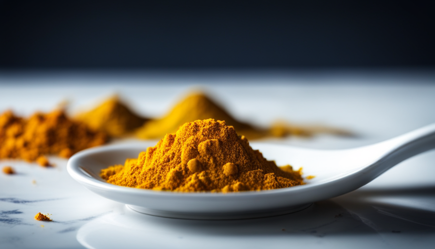 An image featuring a close-up shot of vibrant yellow turmeric powder, artfully sprinkled onto a white ceramic spoon resting on a marble countertop