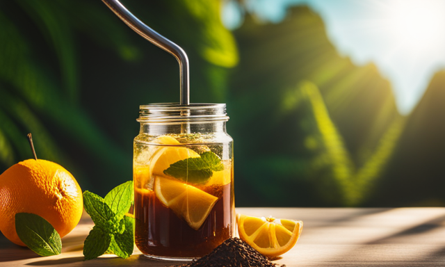 An image showcasing a vibrant array of Yerba Mate flavors: a refreshing citrus blend with zesty yellow hues, a rich chocolatey infusion with deep brown tones, and a revitalizing mint fusion with cool green shades