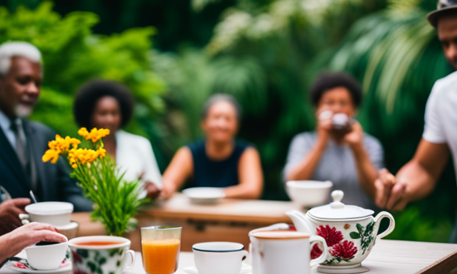 An image showcasing a diverse group of health-conscious individuals, savoring cups of steaming organic rooibos tea in a botanical garden setting, surrounded by lush greenery and vibrant flowers