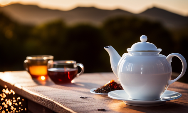 An image showcasing a rustic wooden table adorned with a delicate porcelain teapot, accompanied by a selection of vibrant rooibos tea blends in elegant glass cups, each exuding unique aromas and hues