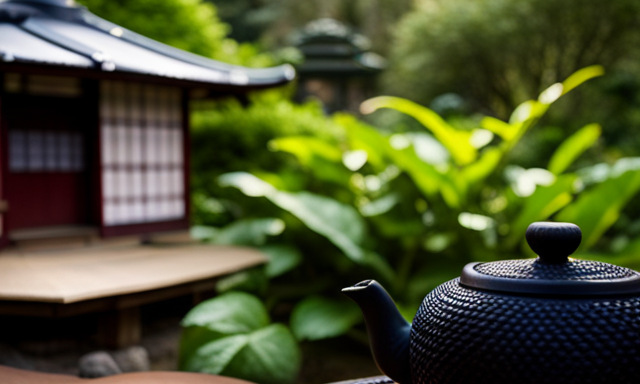 An image showcasing a serene Japanese tea garden, with a traditional tea house in the background, surrounded by lush greenery