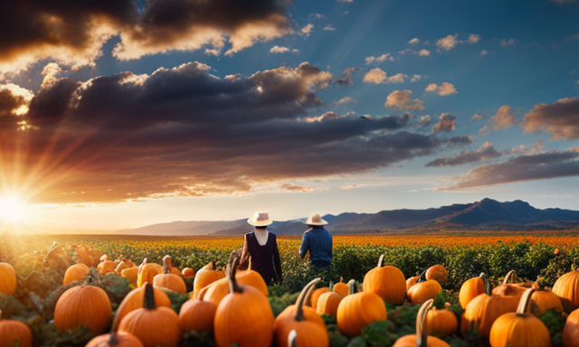 An image showcasing a bustling autumn harvest scene with a sun-kissed pumpkin patch surrounded by vibrant rooibos shrubs, where skilled artisans carefully handpick and blend the ingredients for Trader Joe's Pumpkin Spice Rooibos