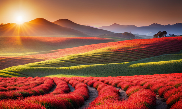 An image showcasing a lush organic rooibos tea farm, with sun-kissed fields stretching endlessly towards the horizon