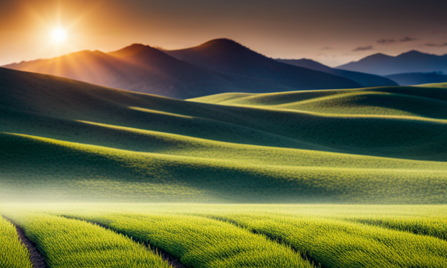 An image showcasing a lush, picturesque field in the USA, with rows of vibrant, organically grown Rooibos tea plants stretching into the distance