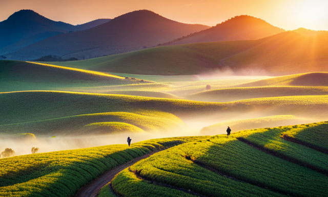 An image capturing a picturesque rooibos tea farm at sunrise, showcasing lush fields of organically grown tea leaves