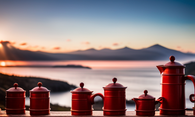 An image showcasing a rustic wooden shelf adorned with an array of vibrantly colored and intricately designed ceramic teapots, each filled with steaming, richly-hued Rooibos red tea, enticingly ready for sale