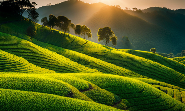 An image showcasing a serene tea plantation bathed in soft morning light, with rows of meticulously pruned tea bushes bearing vibrant green leaves, inviting readers to explore the world of Oolong tea