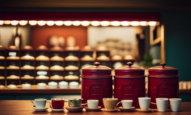 An image showcasing a charming wooden tea shop, adorned with vibrant red signage and lush greenery