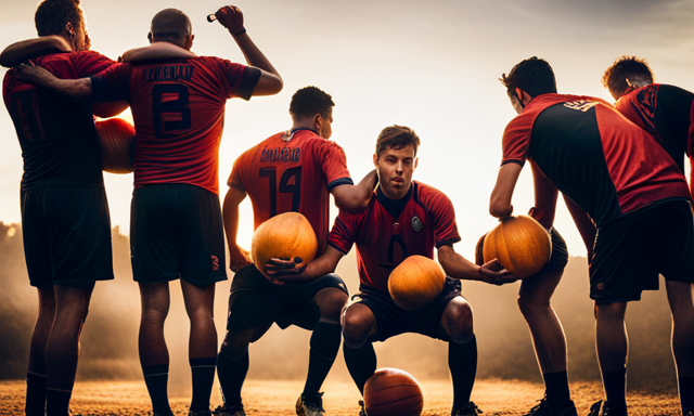An image showcasing a group of soccer players huddled together, their vibrant jerseys drenched in sweat, as they sip from traditional gourds filled with invigorating yerba mate, their focused expressions reflecting the drink's energizing effects