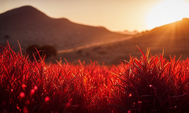 An image showcasing a vibrant, crimson-hued Rooibos tea bush standing tall amidst a picturesque South African landscape, with the sun gently setting, casting a warm, reddish glow over the serene scene
