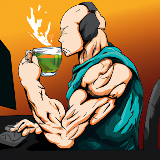 An image showcasing Big Bicep, a muscular figure, sipping herbal tea while engaging in Player Killing (PKing)