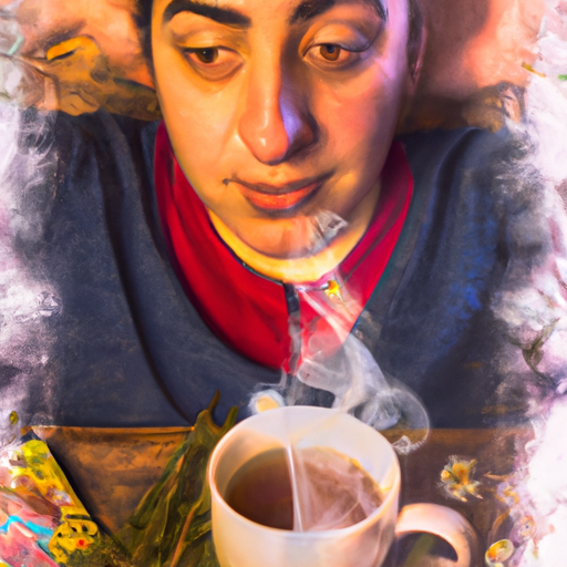 Create an image showcasing a person holding a cup of herbal tea, their face contorted in discomfort, as steam rises from the cup