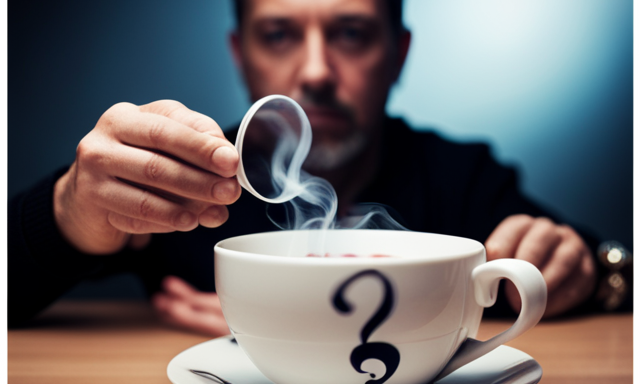 An image showcasing a person, slightly puzzled, holding a cup of oolong tea, surrounded by an intricate blend of tangled thoughts and question marks floating in the steam rising from the cup