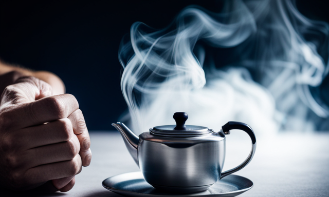 An image of a person holding a steaming cup of oolong tea, their face contorted in discomfort, clutching their stomach with one hand, as the tea kettle emits a foreboding cloud of steam in the background
