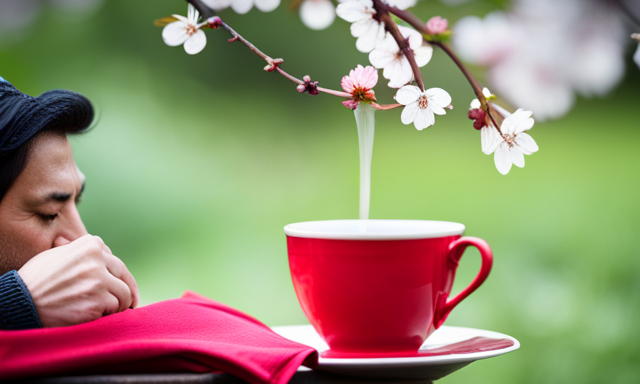 An image capturing a serene scene: a person sipping oolong tea under a blooming cherry blossom tree, surrounded by lush green tea leaves and a discarded cup of black tea, symbolizing the peaceful and soothing effects of oolong tea