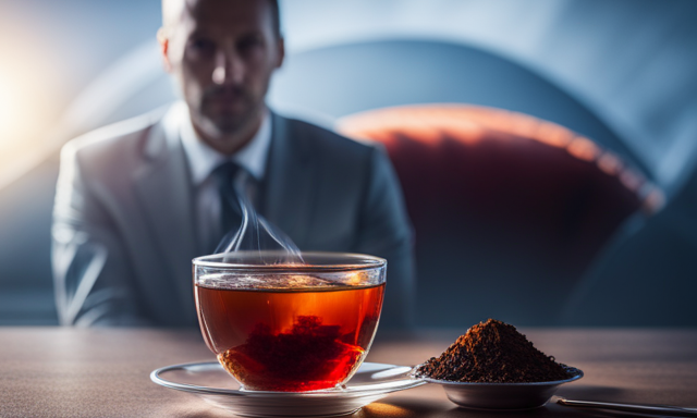 An image showcasing a vibrant, steaming cup of Rooibos tea, surrounded by a cross-section of a healthy liver and a damaged liver, highlighting the potential harmful effects of Rooibos on the liver