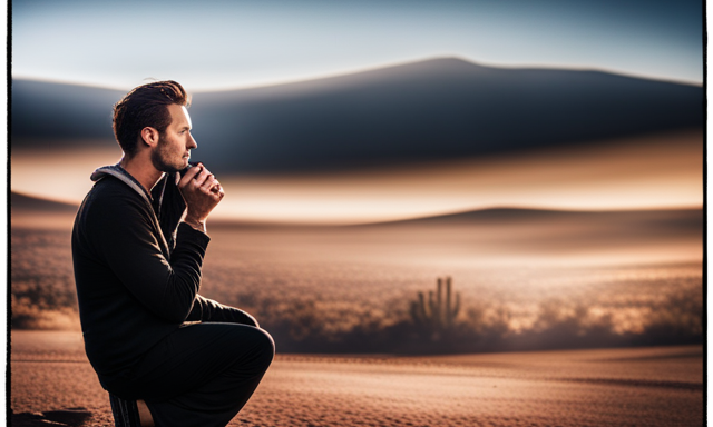 An image featuring a person sipping on a steaming cup of rooibos tea, their mouth slightly open, while surrounded by a barren desert landscape with cracked, parched earth and a withered cactus