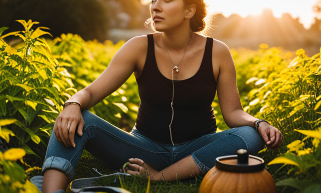 An image showcasing a serene scene: a person sitting cross-legged on a lush green field, surrounded by tall yerba mate plants, peacefully sipping from a gourd