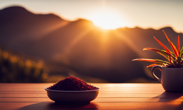 An image showcasing a serene, sun-kissed landscape with a vibrant, crimson-hued rooibos plant in the foreground, exuding warmth and inviting the viewer to explore the reasons behind its popularity as a delightful and healthy tea option
