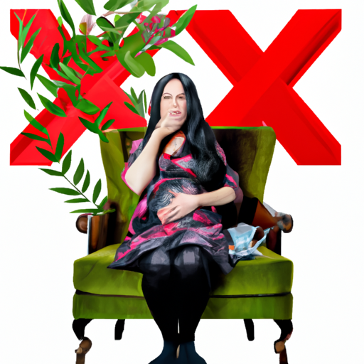 An image that depicts an expectant mother sitting on a cozy chair, surrounded by various herbs used in tea, with a red "X" symbol over them