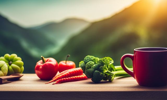An image showcasing a serene setting with a cup of steaming Oolong tea surrounded by fresh fruits and vegetables, conveying the idea of a healthy lifestyle and its connection to weight loss