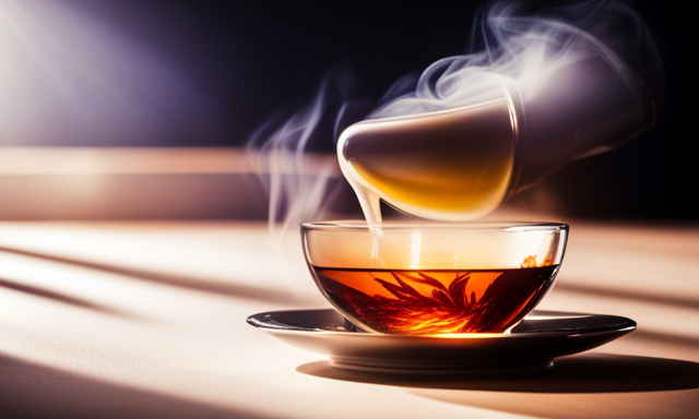 An image showcasing a steaming cup of amber-hued oolong tea, gently unfurling its delicate leaves