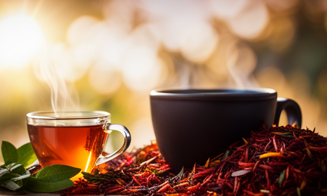An image showcasing a steaming cup of vibrant red Rooibos tea and a golden Honeybush tea, surrounded by lush, blooming tea leaves