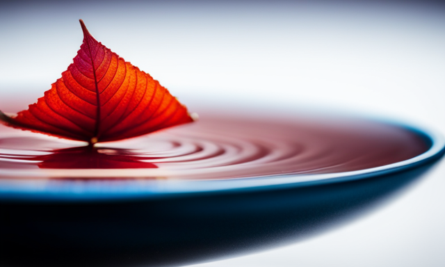 An image showcasing a vibrant red rooibos leaf, gently steeping in boiling water
