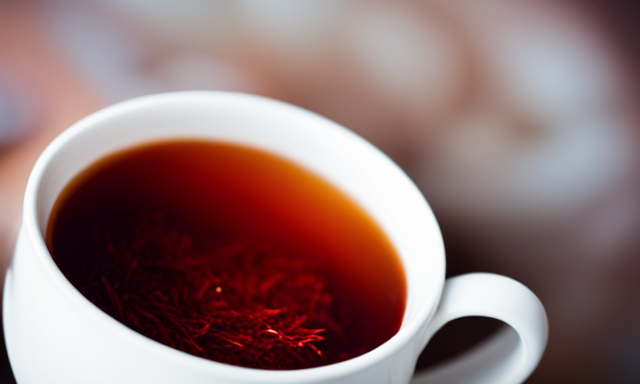 An image showcasing a vibrant red infusion, highlighting the distinct needle-shaped leaves of Rooibos, nestled in a porcelain teacup